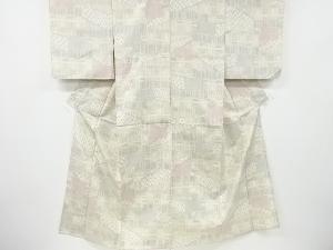 リサイクル　変わり格子に瓦模様織り出し十日町紬単衣着物